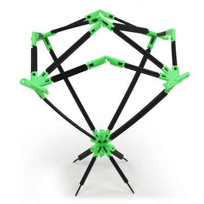 An abstract diamond built with Inventix, featuring a pentagonal diamond-shaped frame at the top supported by a central green star connector hub with radiating spoke-like legs forming a tripod base.