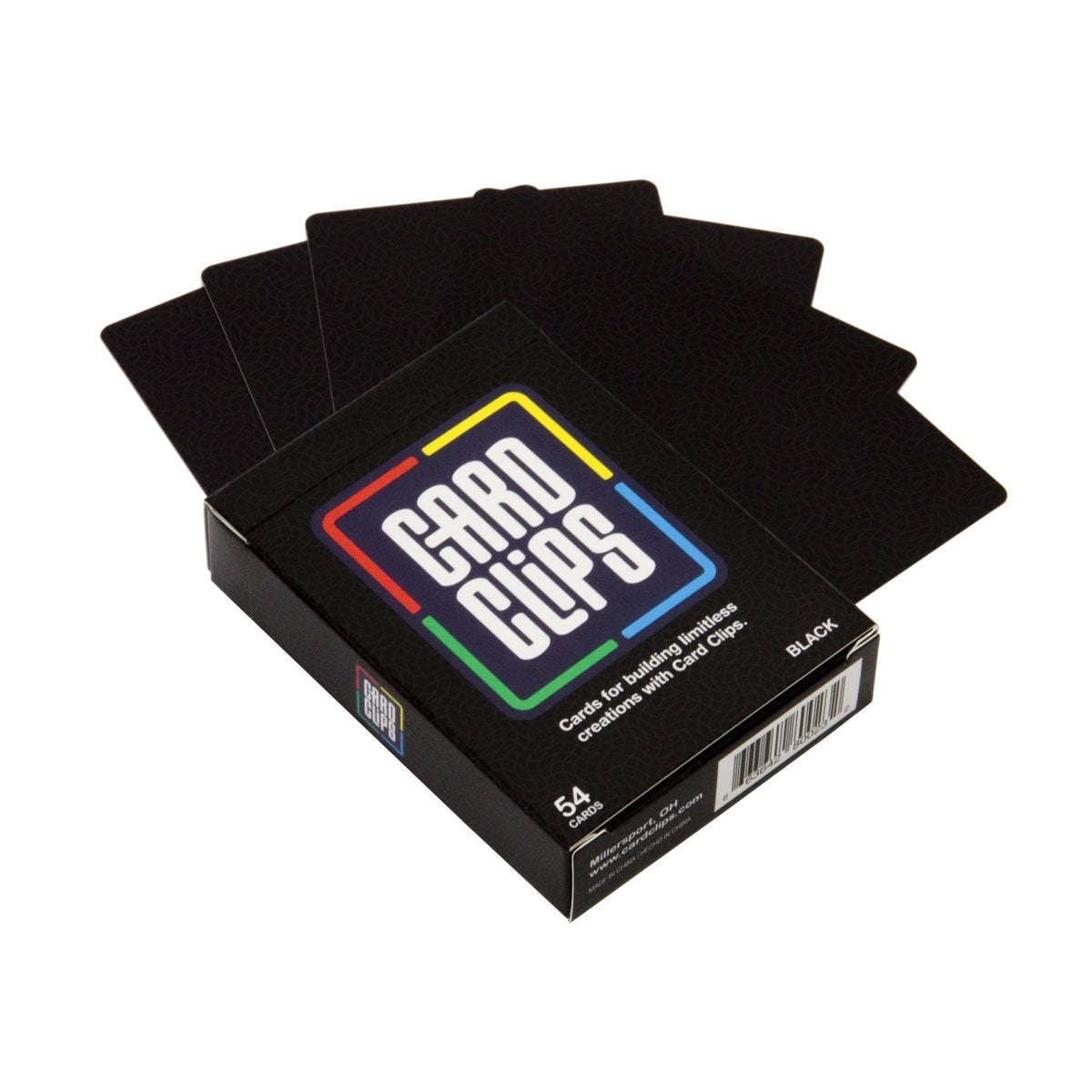 Atwood Toys Earth Building Cards in Black, a 54-card deck shown fanned out next to the matching black Card Clips box for card construction building sets.
