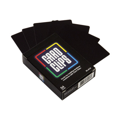 Atwood Toys Earth Building Cards in Black, a 54-card deck shown fanned out next to the matching black Card Clips box for card construction building sets.
