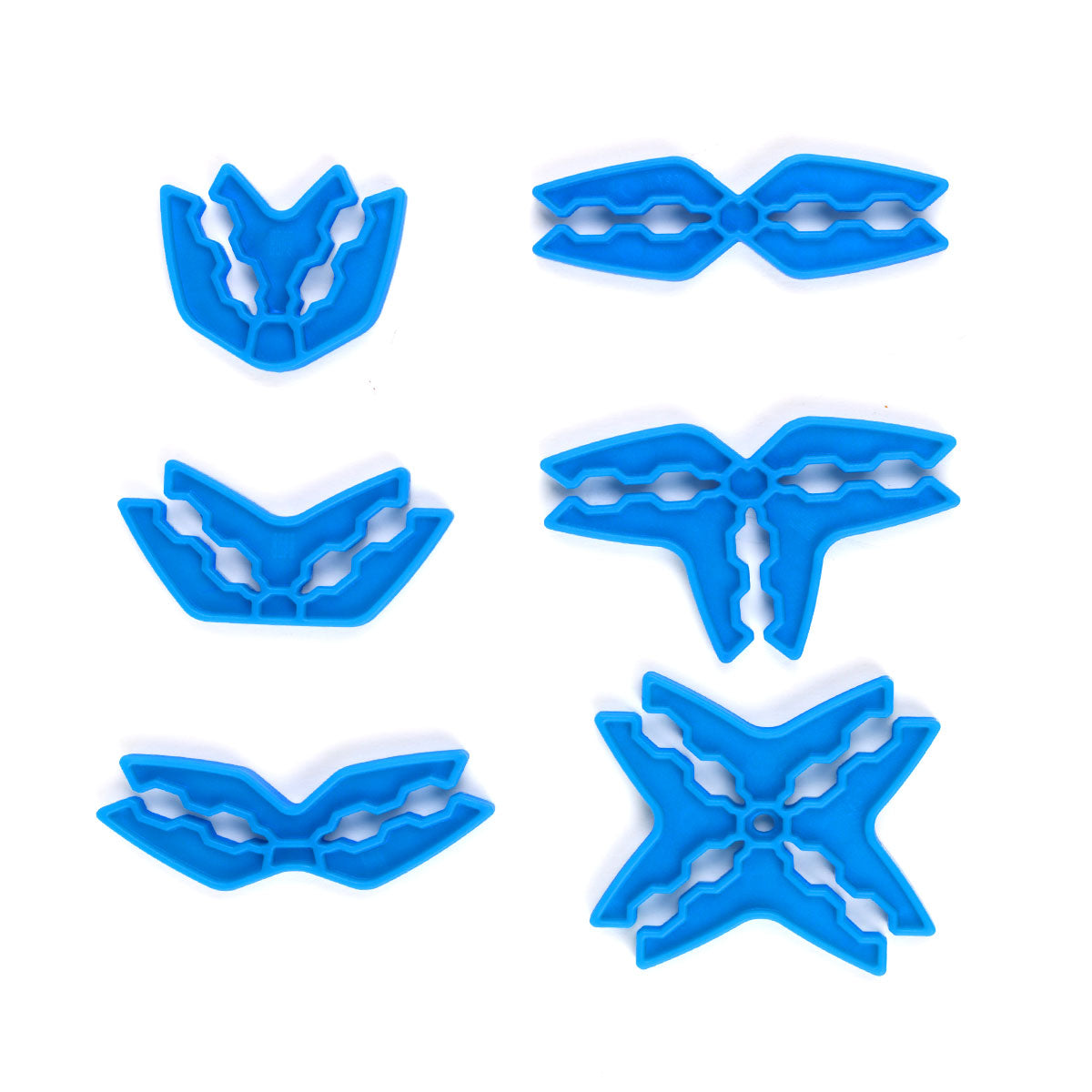 Six Box Lox Blue clip types shown in different configurations including straight, three-way, V-shape, and X-shape connectors.