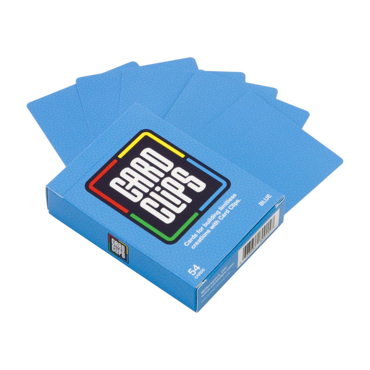 A fan of solid blue Building Cards spread from the blue Card Clips deck box, ready to connect into towers and 3D structures.