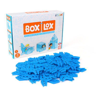 Box Lox Blue cardboard building clips from Atwood Toys, retail box with 80 blue connectors spread out in front and STEAM badge.