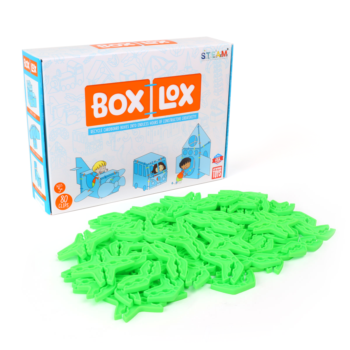 Atwood Toys Box Lox Neon Green retail box with 80 clips and STEAM logo, neon green cardboard building clips piled in front