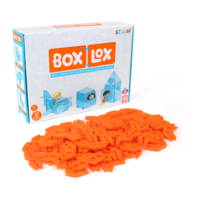 Box Lox Orange retail box with 80 orange cardboard building clips spread out in front, STEAM badge and Ages 5+ label visible on packaging