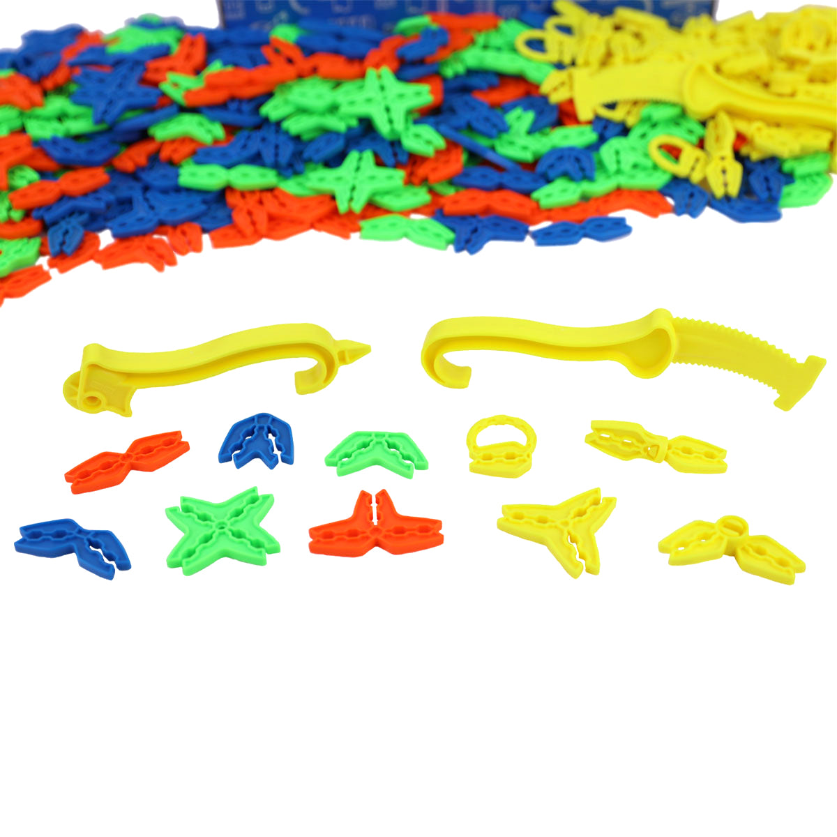 Six Box Lox clip types shown below a multi-color pile, including X-shape, V-shape, and three-way connectors plus yellow deluxe scoring and cardboard tools.