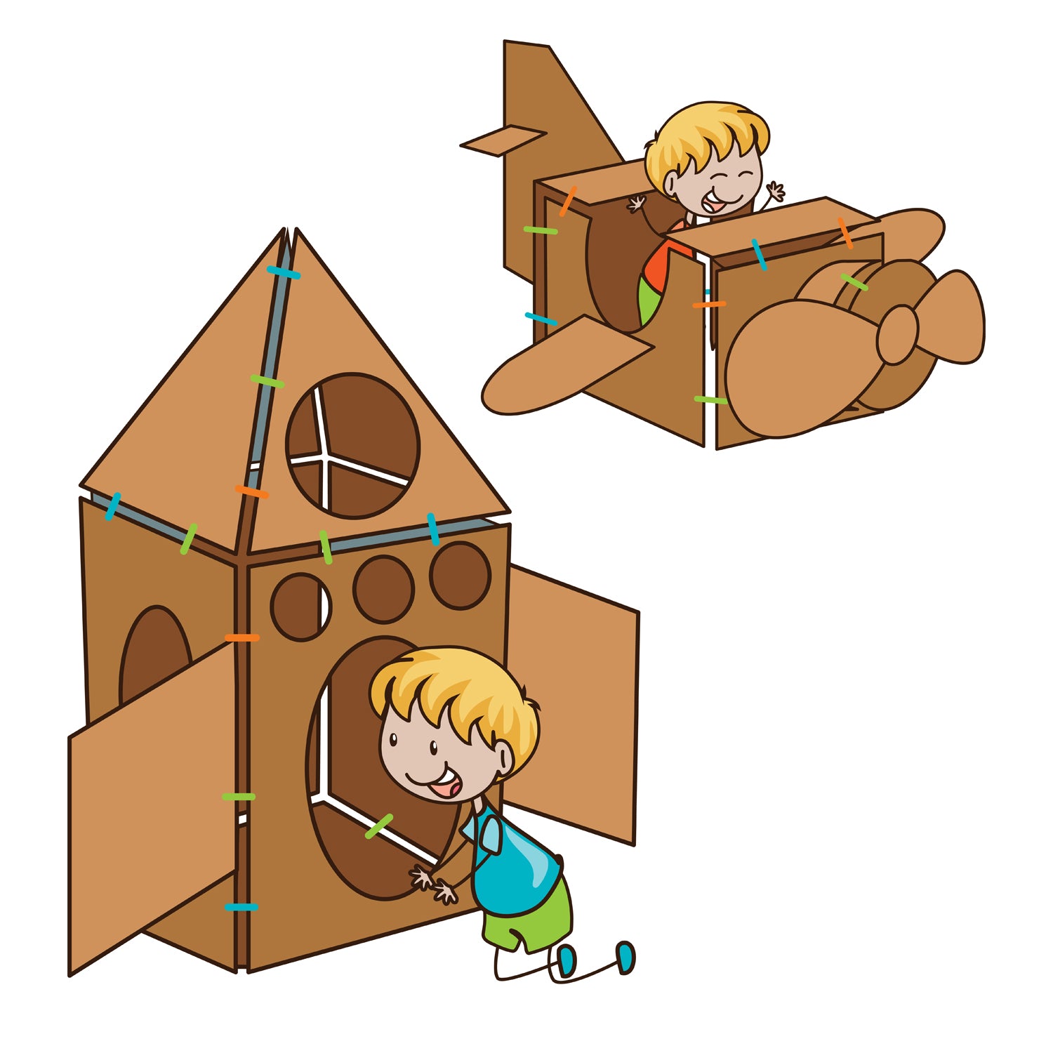 Illustration of children playing inside a cardboard rocket and airplane built with Box Lox Blue clips.