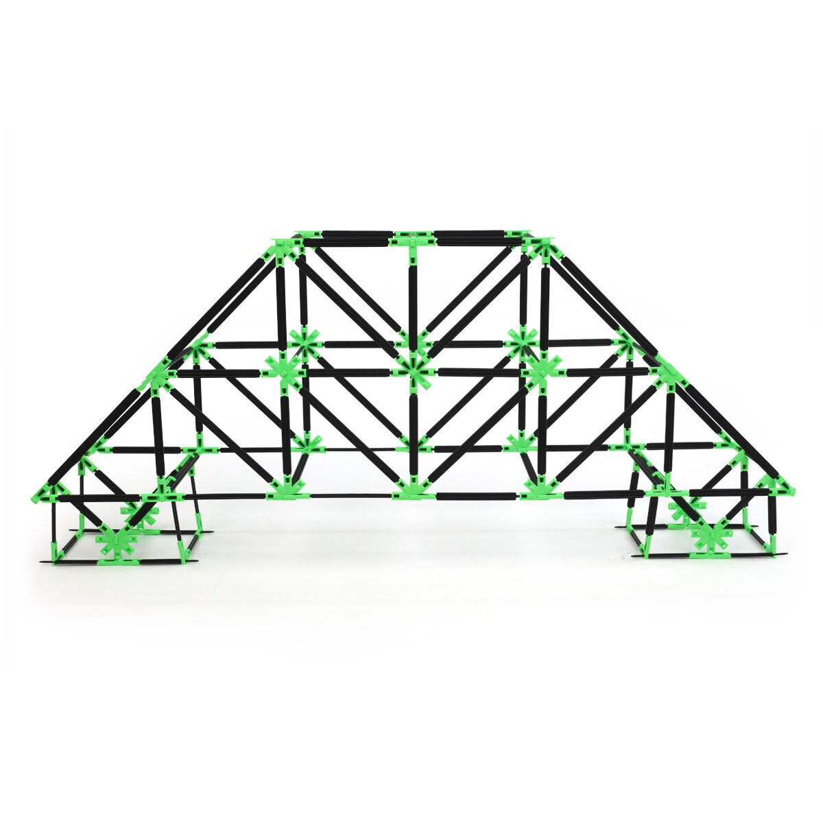 A large arched bridge built with Inventix, shown from the front with a flat deck supported by an elaborate truss framework with triangular reinforcement patterns and wide base footings.