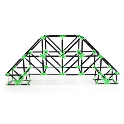 A large arched bridge built with Inventix, shown from the front with a flat deck supported by an elaborate truss framework with triangular reinforcement patterns and wide base footings.