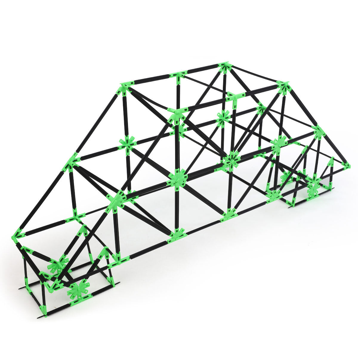 A large arched bridge built with Inventix, shown from a three-quarter angle with a complex truss design featuring diagonal cross-bracing throughout, a curved top profile, and reinforced end supports made from black rods and green star-shaped connectors.