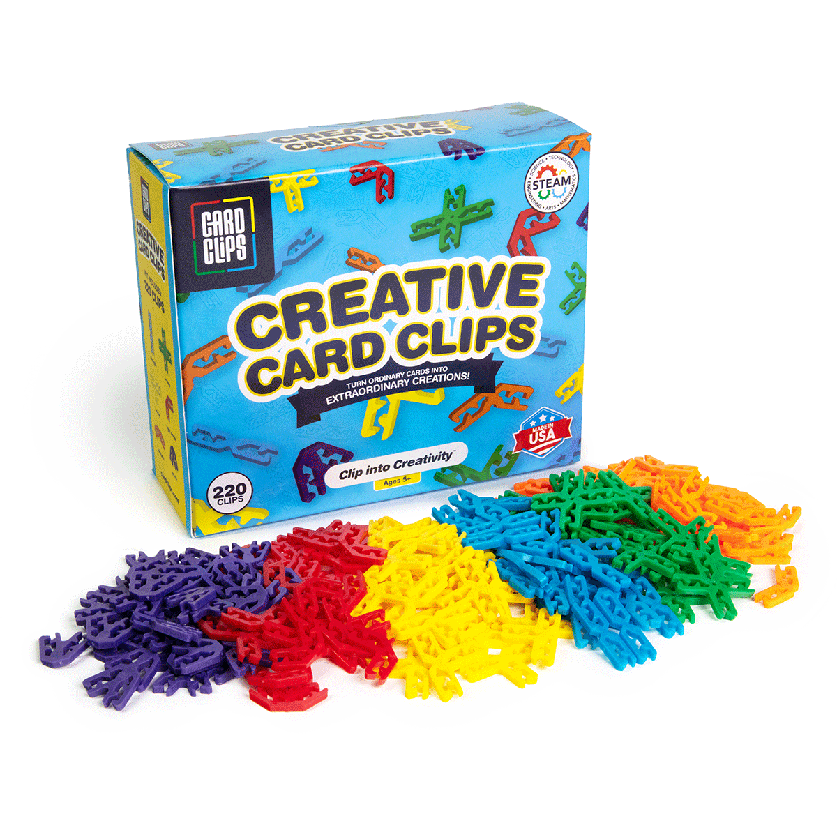 Card Clips Expansion Pack retail box with 220 colorful clips spread in front sorted by color including red, purple, yellow, green, blue, and orange with STEAM badge and Made in USA logo