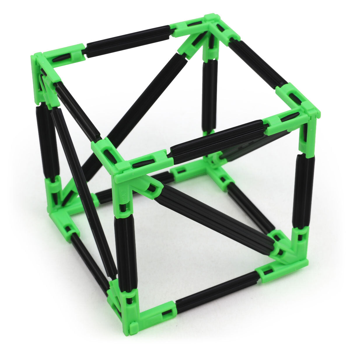 A reinforced cube built with Inventix, showing a basic cube frame with internal diagonal cross-bracing on each face for added stability, using black rods and green corner and edge connectors.