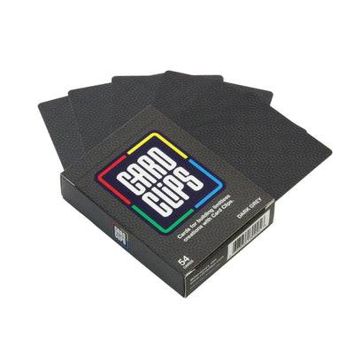 Atwood Toys Earth Building Cards in Dark Grey, 54-card deck shown fanned out beside the matching dark grey Card Clips box for card construction sets.