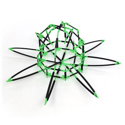 A dome built with Inventix, showing a rounded geodesic dome structure made from green connectors and black rods with long curved rods extending outward from the base of the dome.