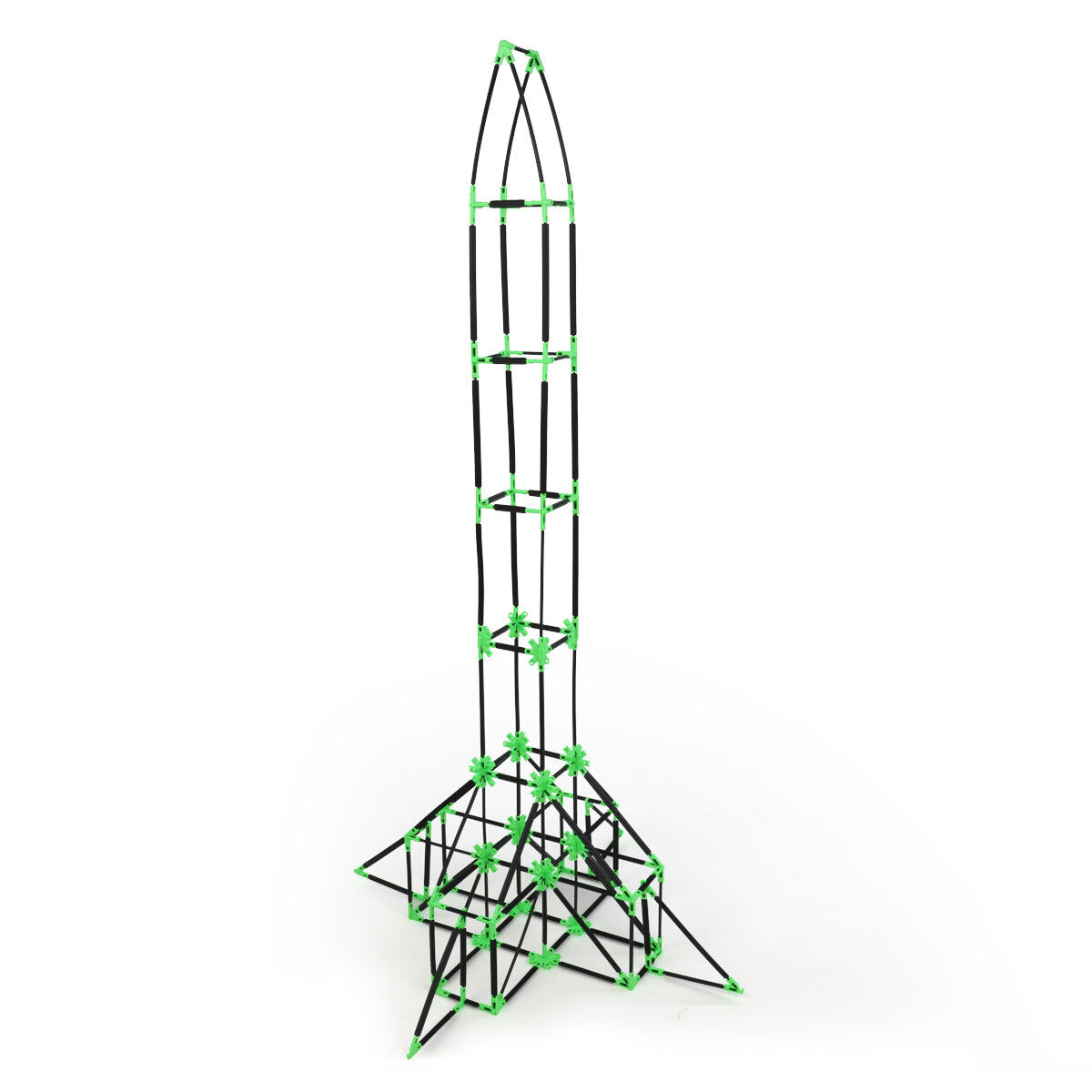 An Eiffel Tower built with Inventix, featuring a wide pyramidal base with cross-bracing, a narrow tapered midsection with internal framework, and a pointed top with curved rods forming the iconic tower silhouette, made from black rods and green star connectors.