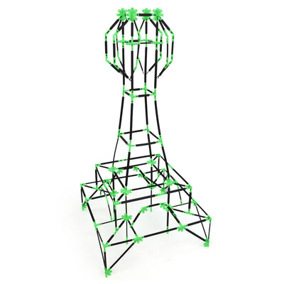A second Eiffel Tower design built with Inventix, featuring a wide square lattice base with cross-bracing, a narrow tapered midsection, and a rounded observation deck at the top with green star connectors and decorative elements at the peak.