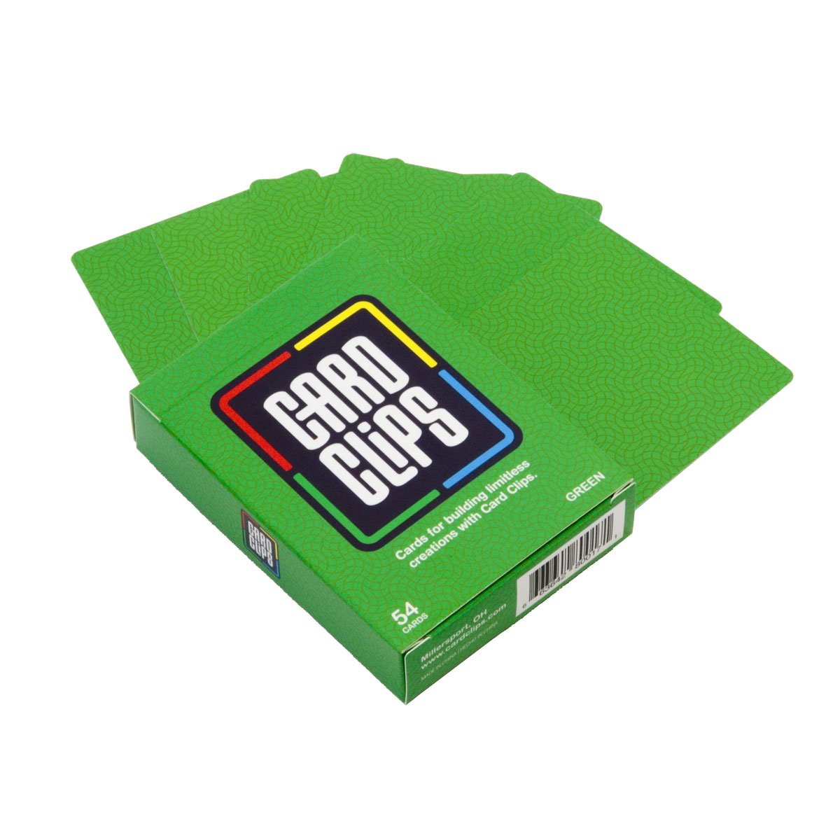 A fan of solid green Building Cards spread from the green Card Clips deck box, ready to connect into towers and 3D structures.