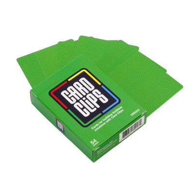 A fan of solid green Building Cards spread from the green Card Clips deck box, ready to connect into towers and 3D structures.
