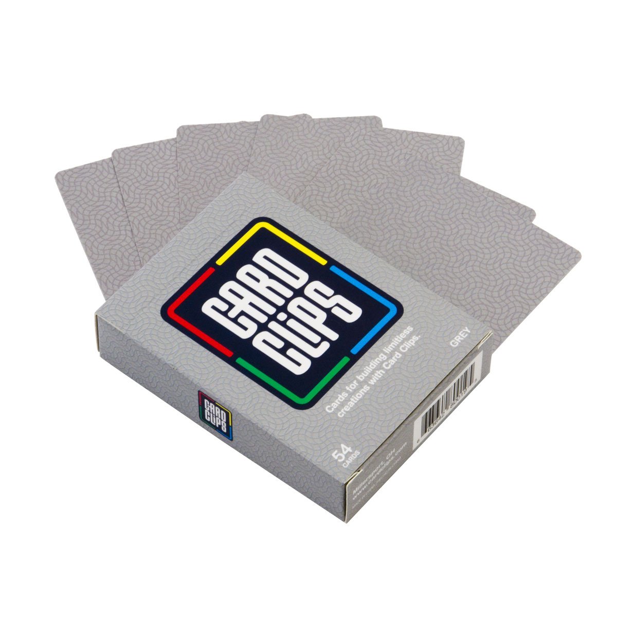 A fan of solid grey Building Cards spread from the grey Card Clips deck box, ready to connect into towers and 3D structures.