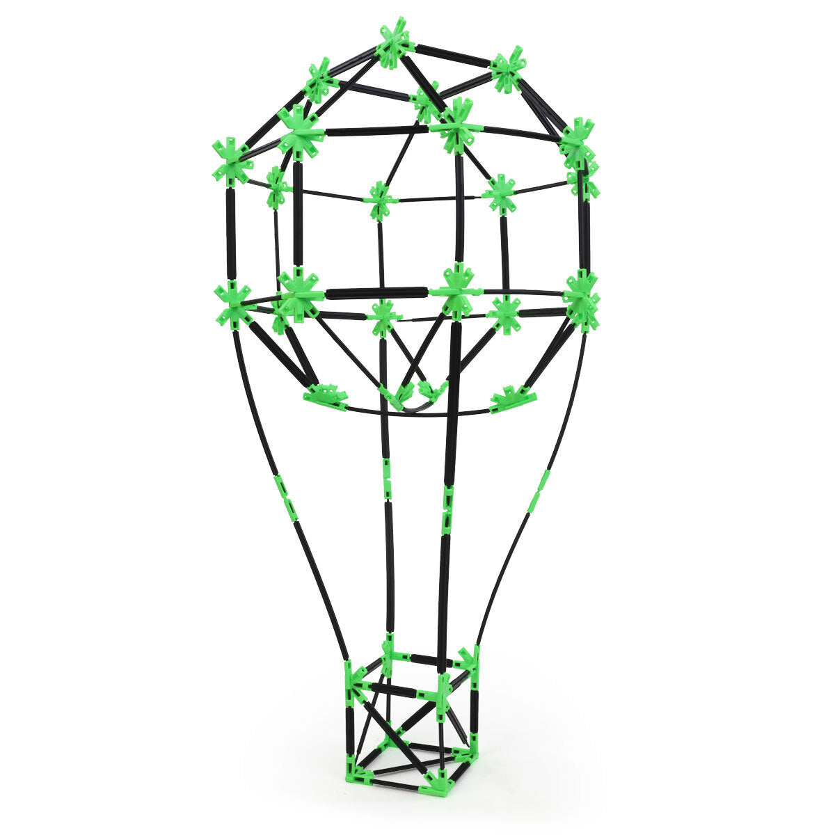 A hot air balloon built with Inventix, showing a large rounded balloon envelope made from curved black rods and green star connectors, with suspension lines connecting to a small square basket below.