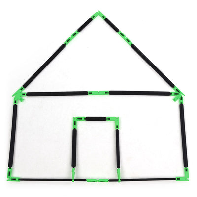 A flat 2D house outline built with Inventix, featuring a rectangular base with a centered door opening, a horizontal roofline, and a triangular peaked roof on top, all constructed from black rods joined by green angle connectors.