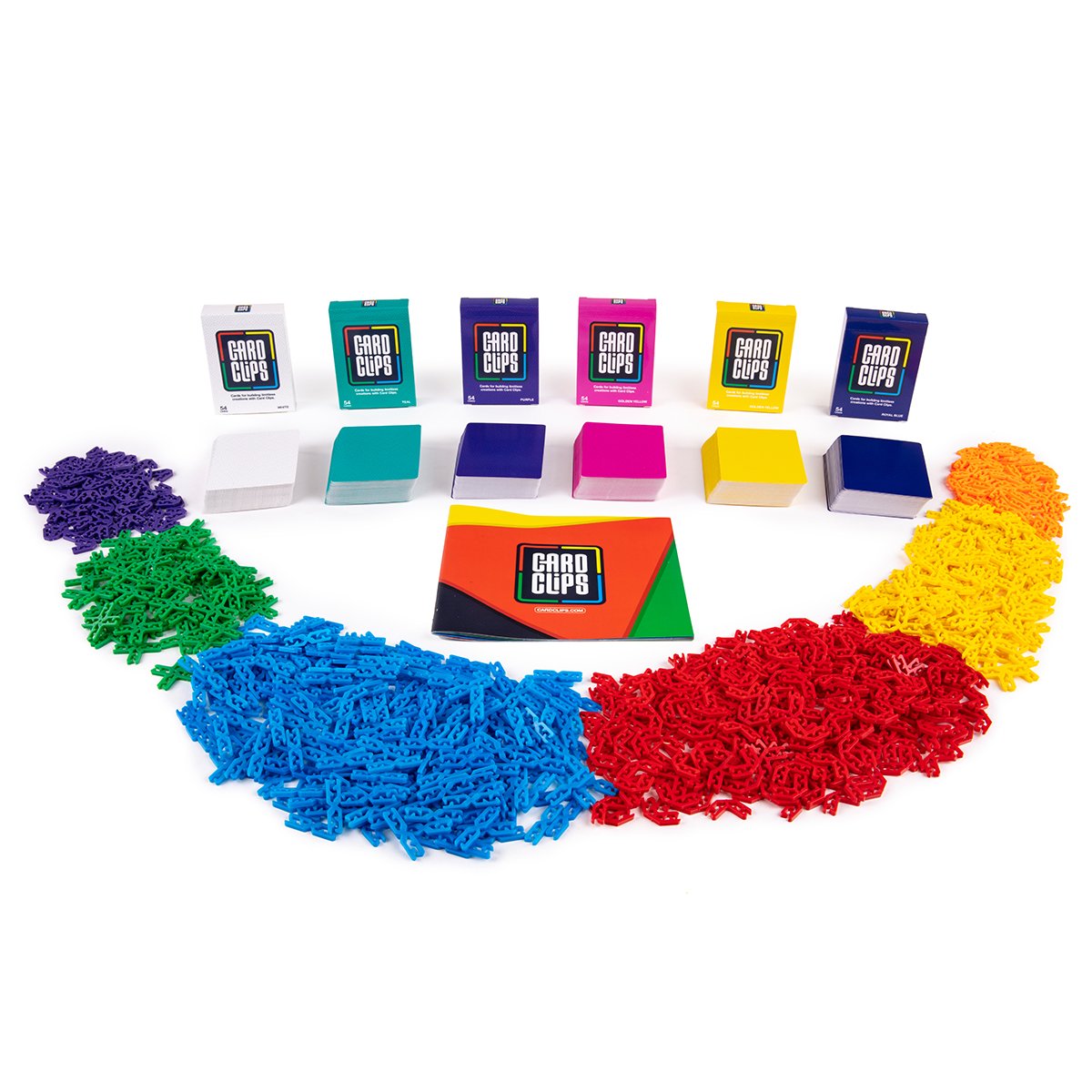 Atwood Toys Card Clips Master Artisan Kit with 324 cards in white, teal, purple, pink, golden yellow, and royal blue plus 900 connector clips and a Card Clips guidebook.