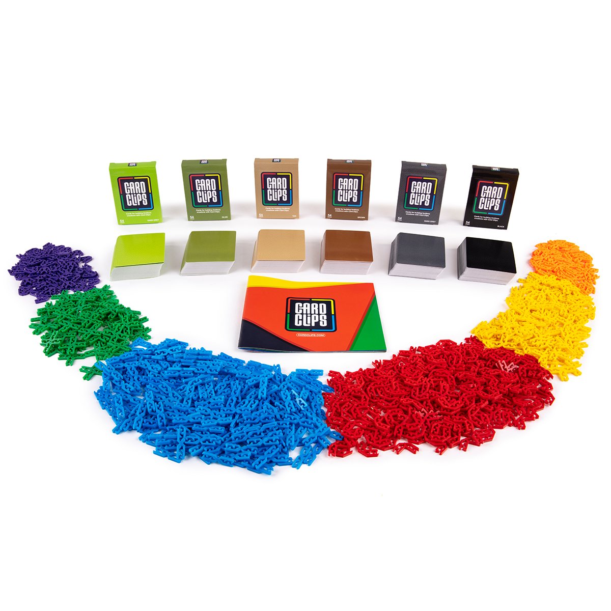Atwood Toys Card Clips Master Earth Kit with 324 earth-toned cards in bright green, olive, tan, brown, dark grey, and black plus 900 colorful connector clips and a Card Clips guidebook.