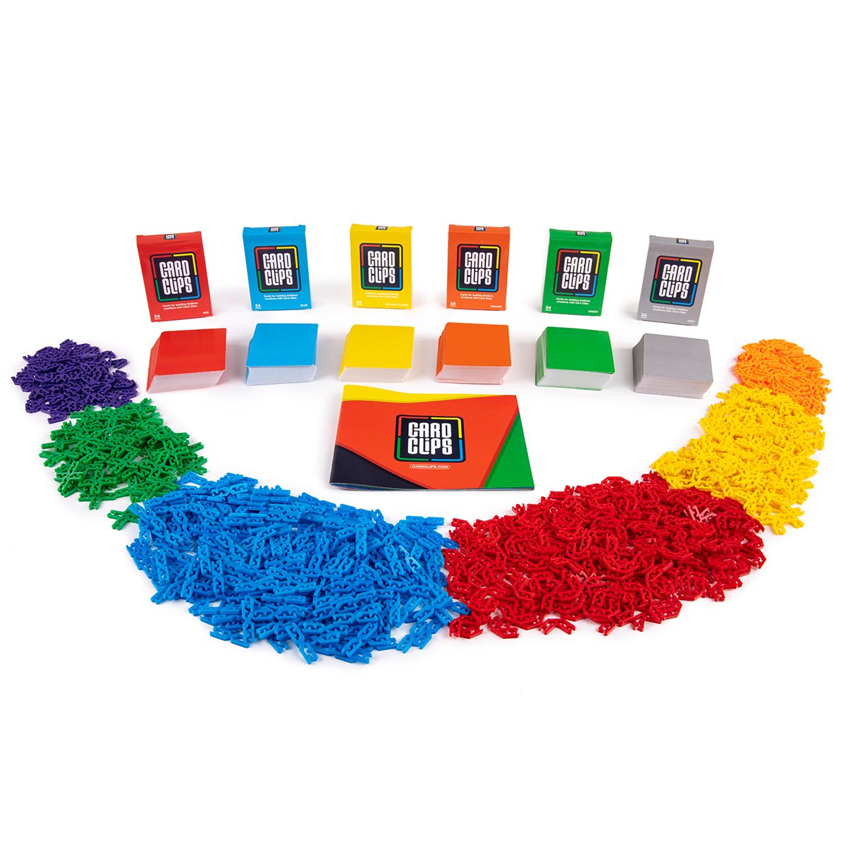 Atwood Toys Card Clips Master Essential Kit with 324 cards in red, blue, yellow, orange, green, and grey plus 900 colorful connector clips and a Card Clips guidebook.