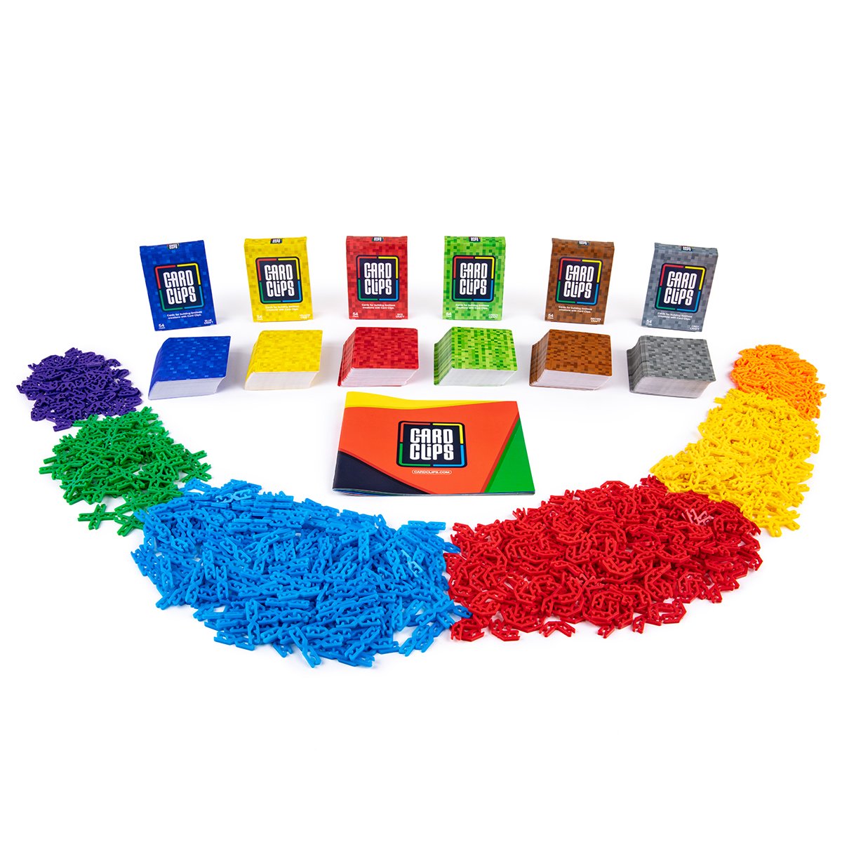 Atwood Toys Card Clips Master Pixel Kit with 324 pixel-themed cards in blue, yellow, red, green, brown, and grey plus 900 colorful connector clips and a Card Clips guidebook.