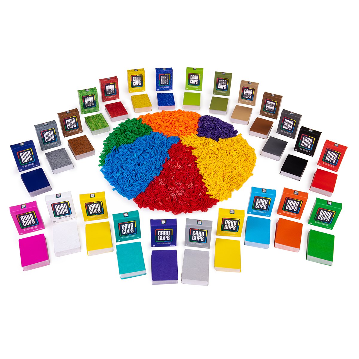 The Card Clips Mega Kit from Atwood Toys, a large circular pile of blue, green, orange, red, yellow, and purple connector clips ringed by colorful Card Clips card decks for building towers, bridges, and 3D structures.