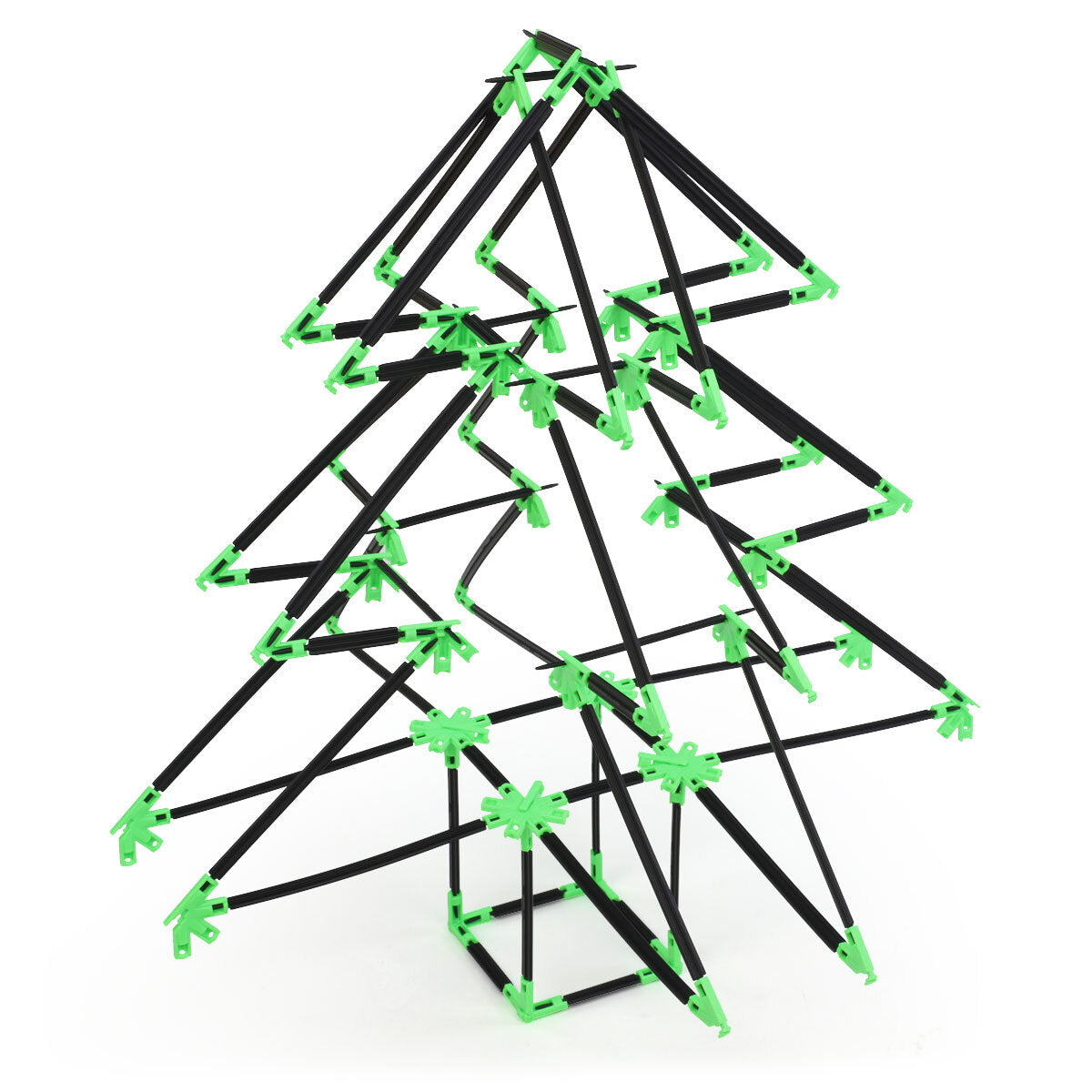A Christmas tree sculpture built with Inventix, showing tiered horizontal branches that get progressively smaller toward the top, mounted on a square base trunk, made from black rods and green connectors.