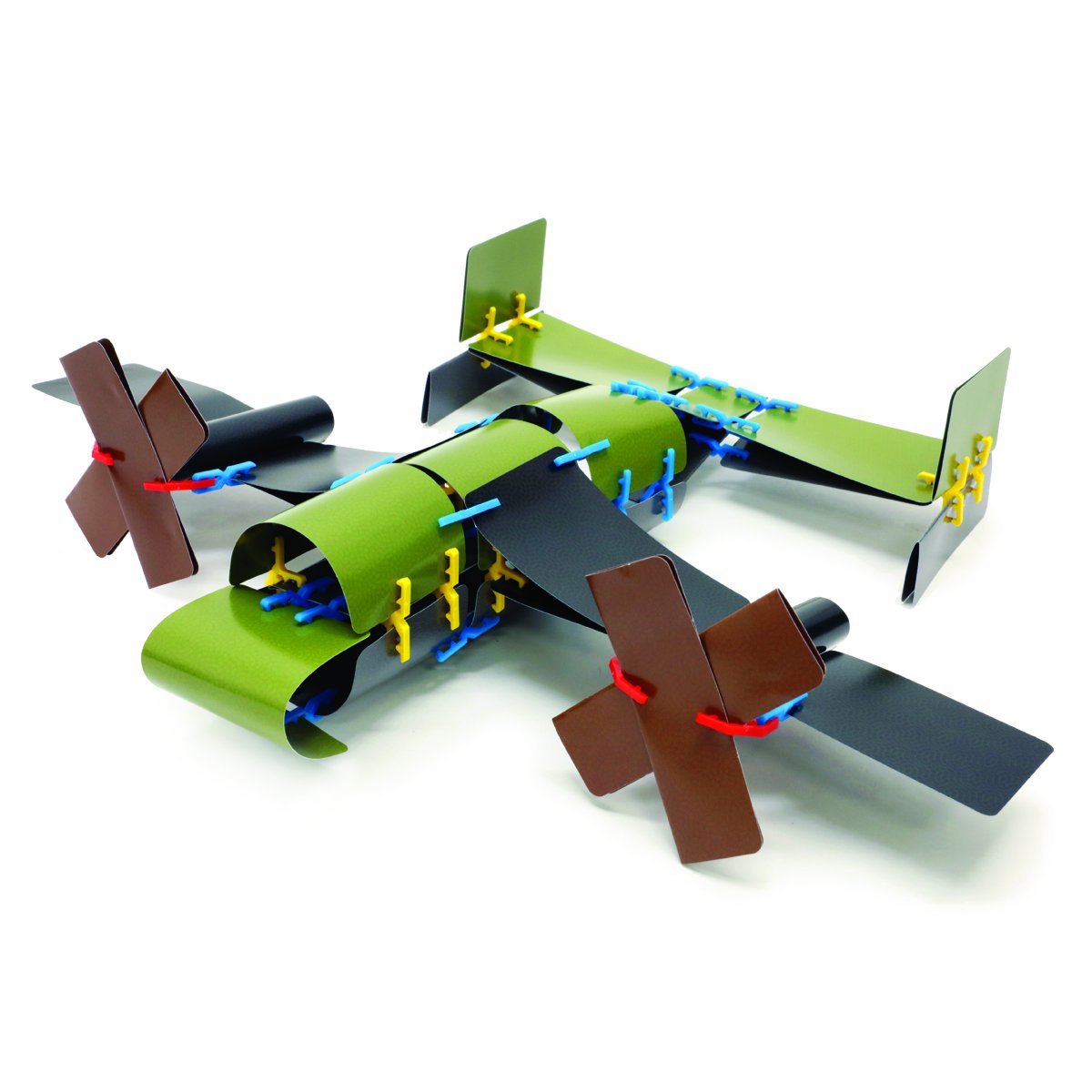Card Clips cargo plane built from green, gray and brown cards linked with blue, yellow and red Atwood Toys connector clips into a 3D model aircraft.