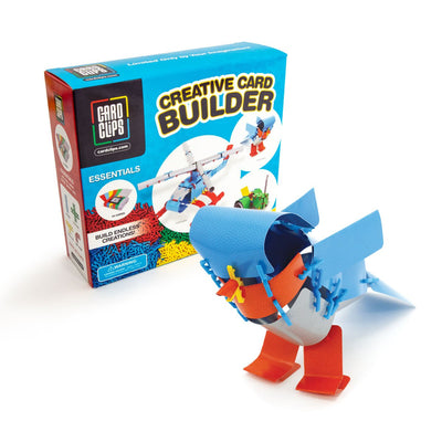 Creative Card Builder Essentials set from Atwood Toys, the retail box beside a blue and orange bird built from cards joined with Card Clips connectors into a 3D structure.