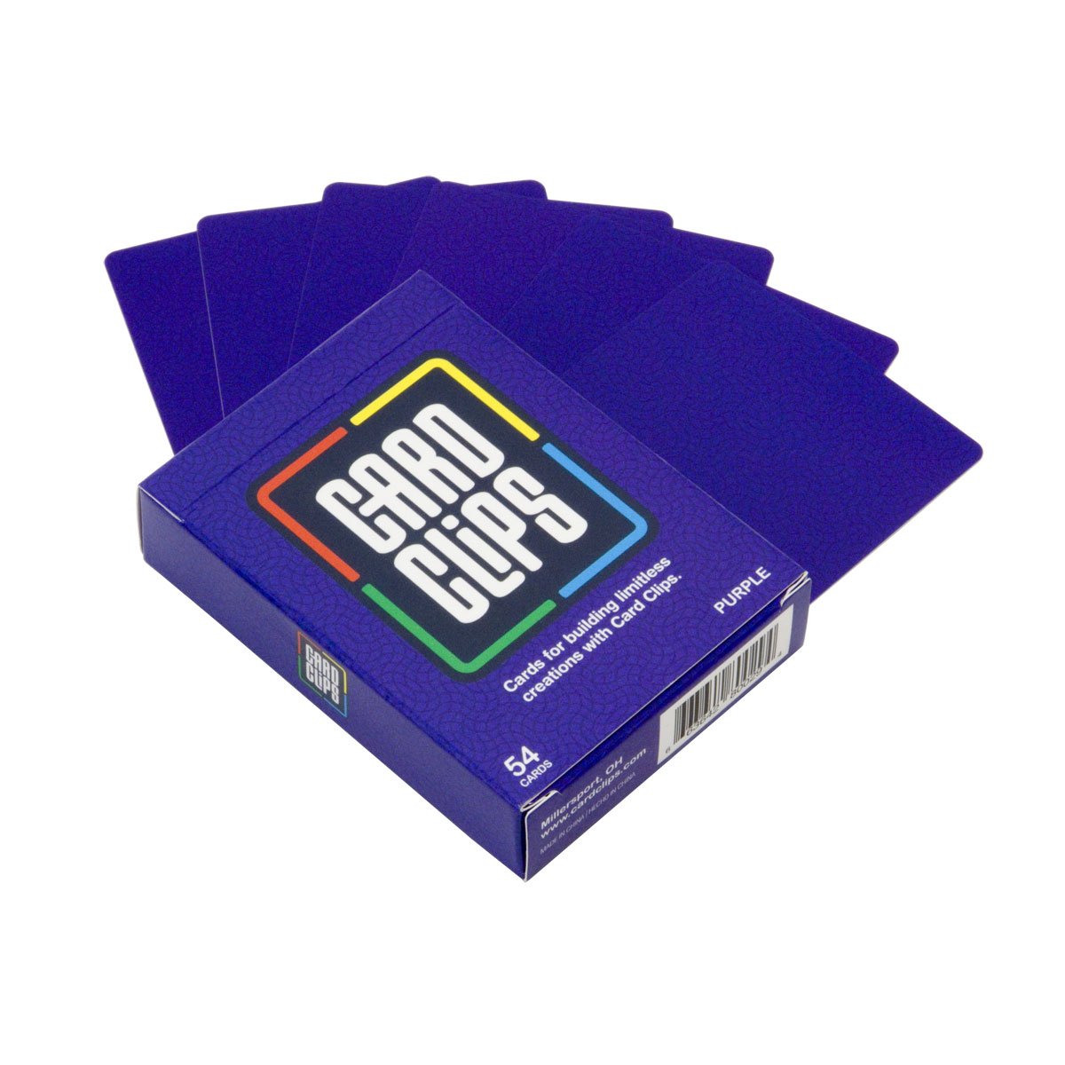 Purple Building Cards deck for Card Clips, a fan of deep purple printed building cards beside the box for joining with connectors into towers and structures.
