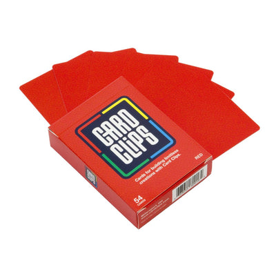 A fan of solid red Building Cards spread from the red Card Clips deck box, ready to connect into towers and 3D structures.