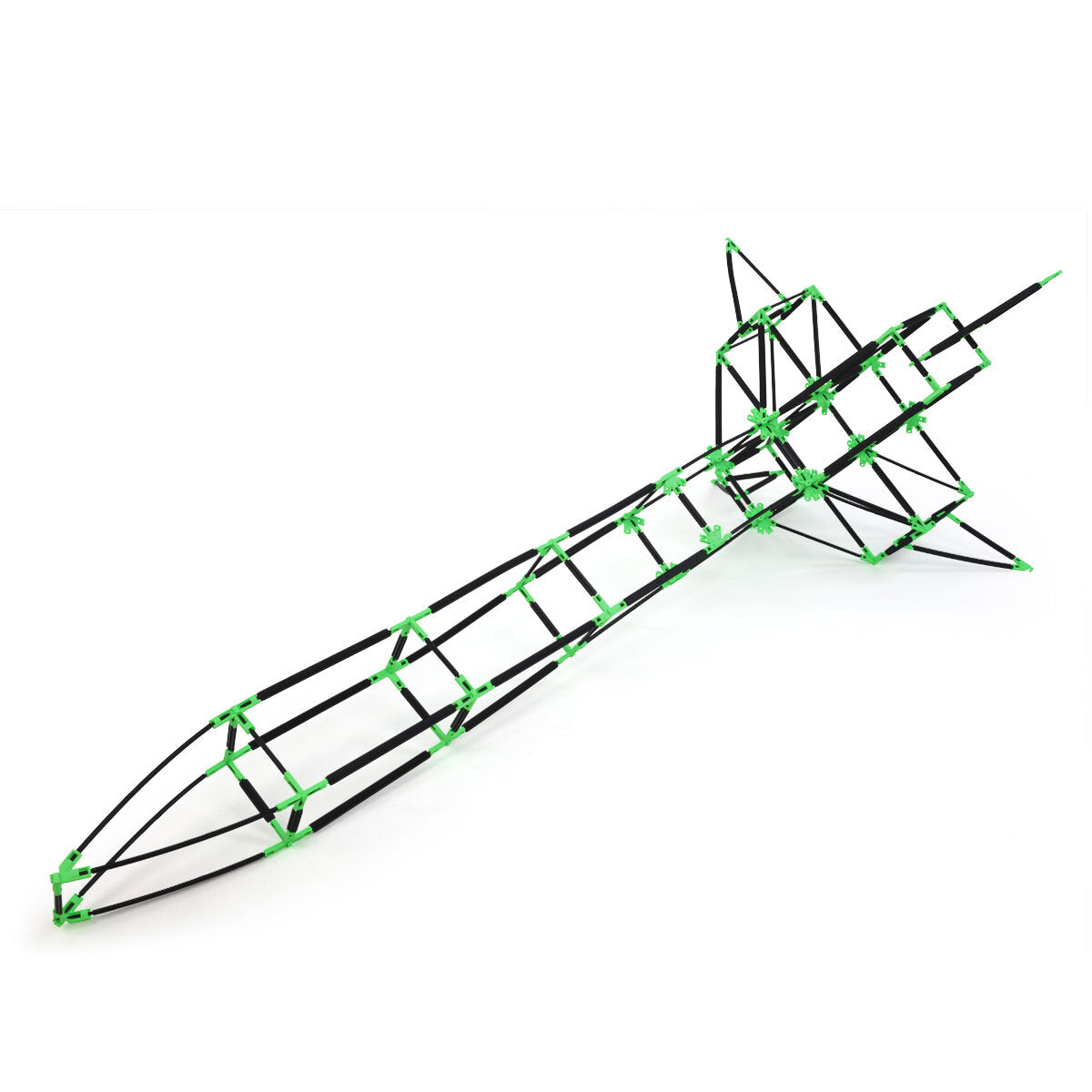 A rocket ship built with Inventix, featuring a pointed nose cone with curved rods at the top, a cylindrical body with internal framework visible, and a wide pyramidal base with stabilizing fins.