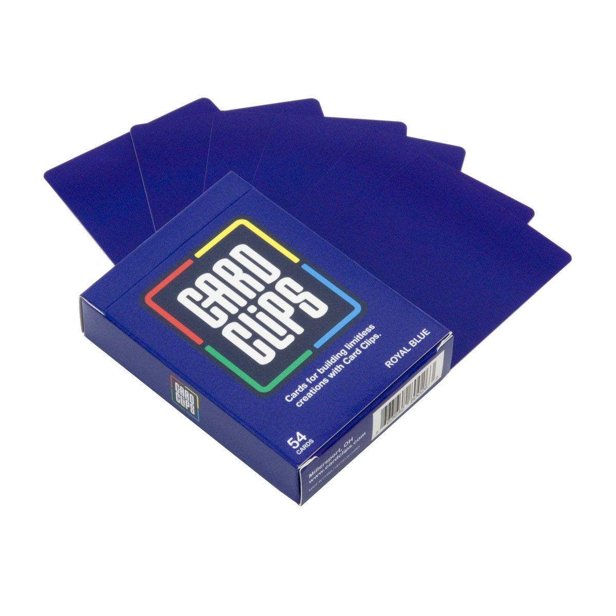Royal Blue Building Cards deck for Card Clips, a fan of royal blue printed building cards beside the box for joining with connectors into towers and structures.