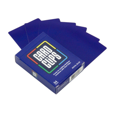Royal Blue Building Cards deck for Card Clips, a fan of royal blue printed building cards beside the box for joining with connectors into towers and structures.