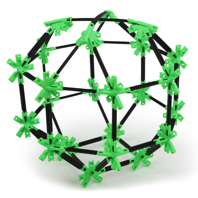 A geodesic sphere built with Inventix, showing a complete spherical structure made from triangulated panels of black rods connected by green multi-armed hub connectors, demonstrating advanced geometric construction.