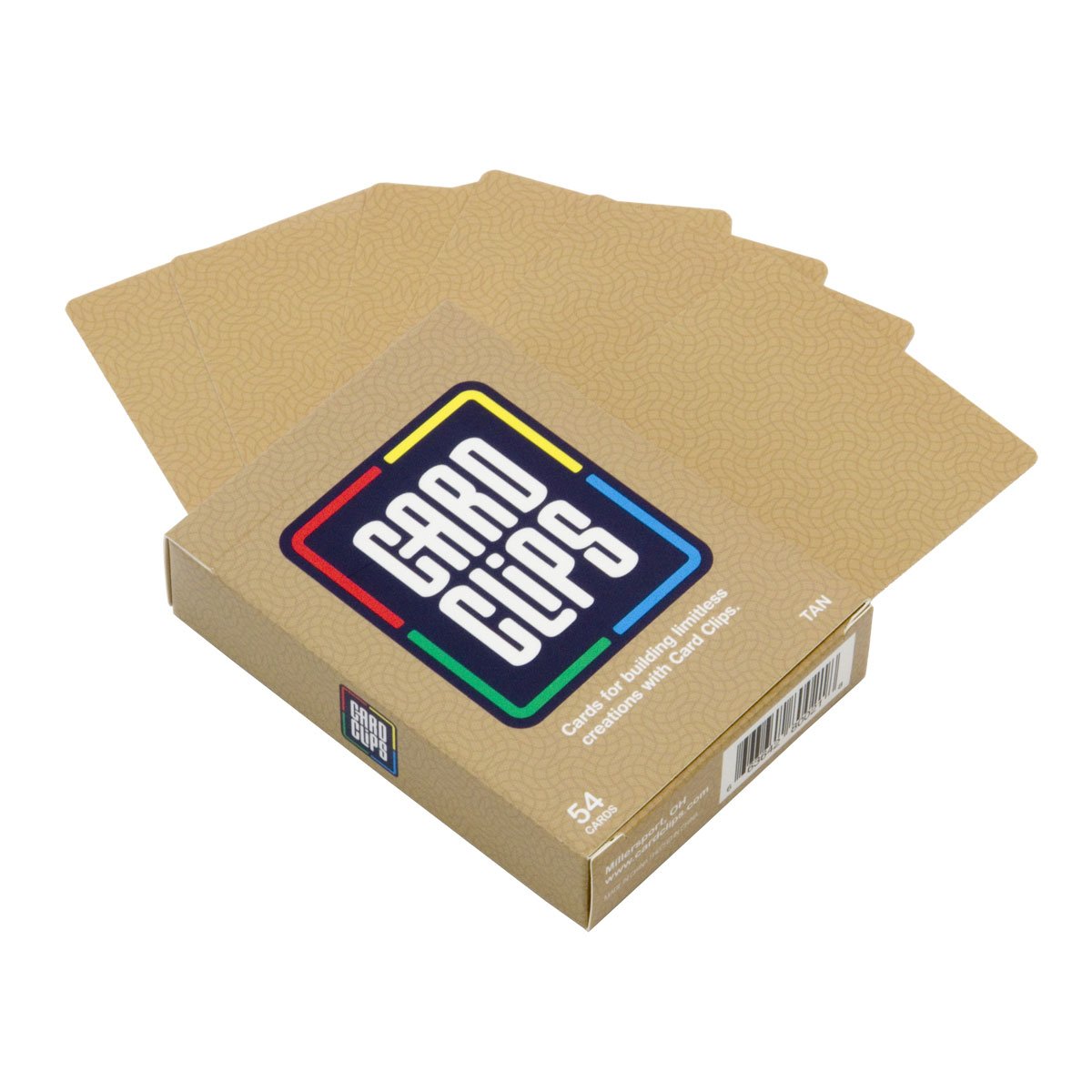 Atwood Toys Earth Building Cards in Tan, a 54-card deck fanned out beside the matching tan Card Clips box for card construction building sets.