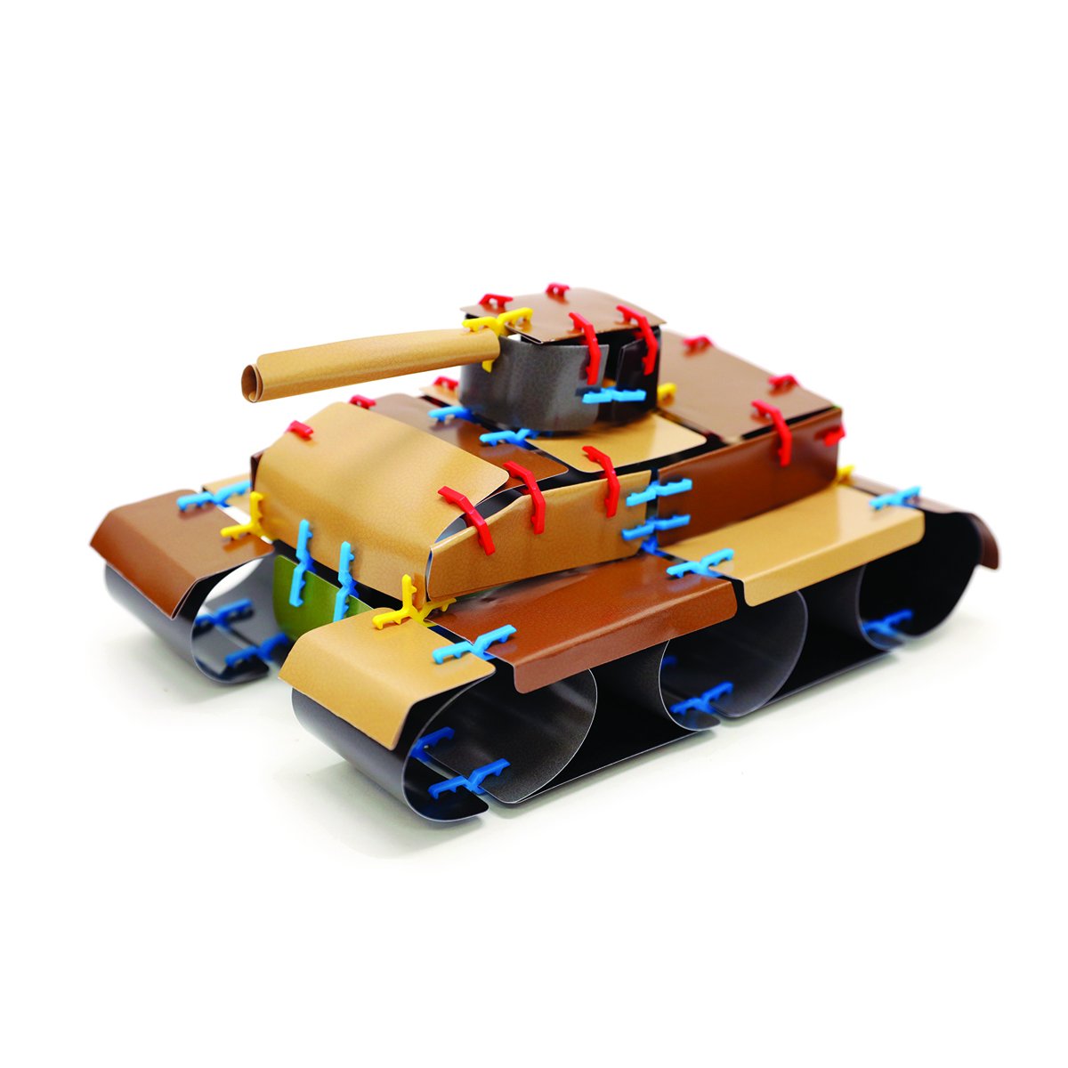 Card Clips army tank built from tan, brown and black cards joined with red, blue and yellow plastic connector clips into a rolling 3D structure.