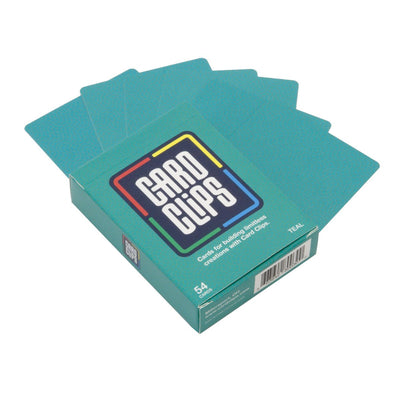 Teal Building Cards deck for Card Clips, a fan of teal printed building cards beside the box for joining with connectors into towers and structures.