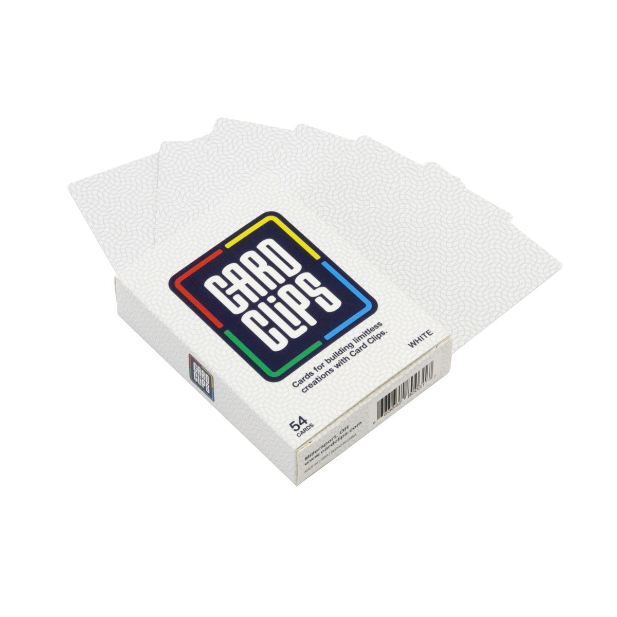 White Building Cards deck for Card Clips, a fan of patterned white printed building cards beside the box for joining with connectors into towers and structures.