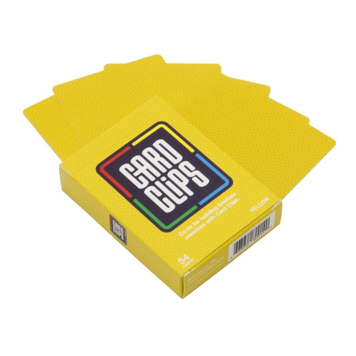 A fan of solid yellow Building Cards spread from the yellow Card Clips deck box, ready to connect into towers and 3D structures.