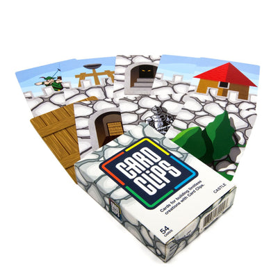 Card Clips Castle Building card deck from Atwood Toys, a fan of 54 printed cards showing stone walls, archways, knights and rooftops beside the stone-patterned retail box.