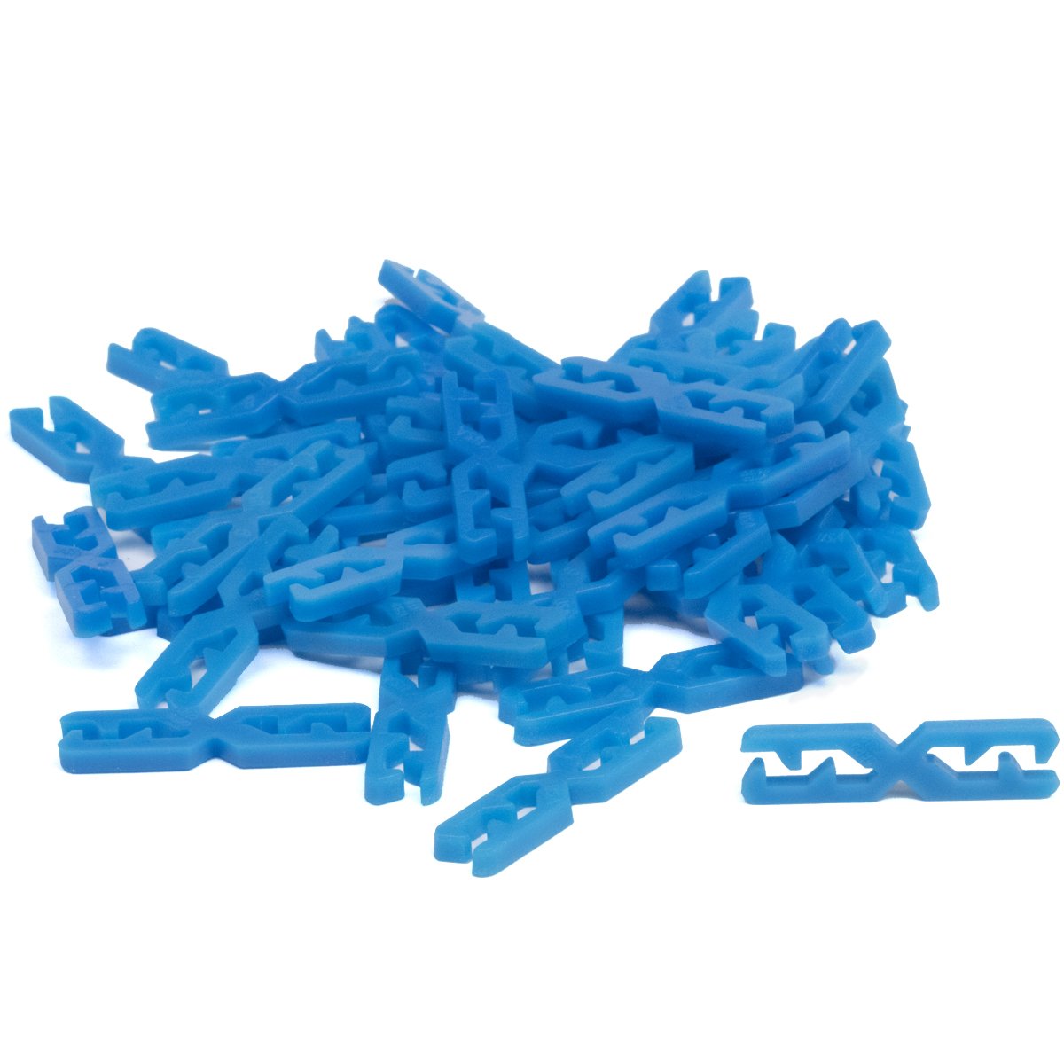 Card Clips Straight connectors from Atwood Toys, a pile of blue plastic clips that link trading and playing cards into towers, bridges, and 3D structures.