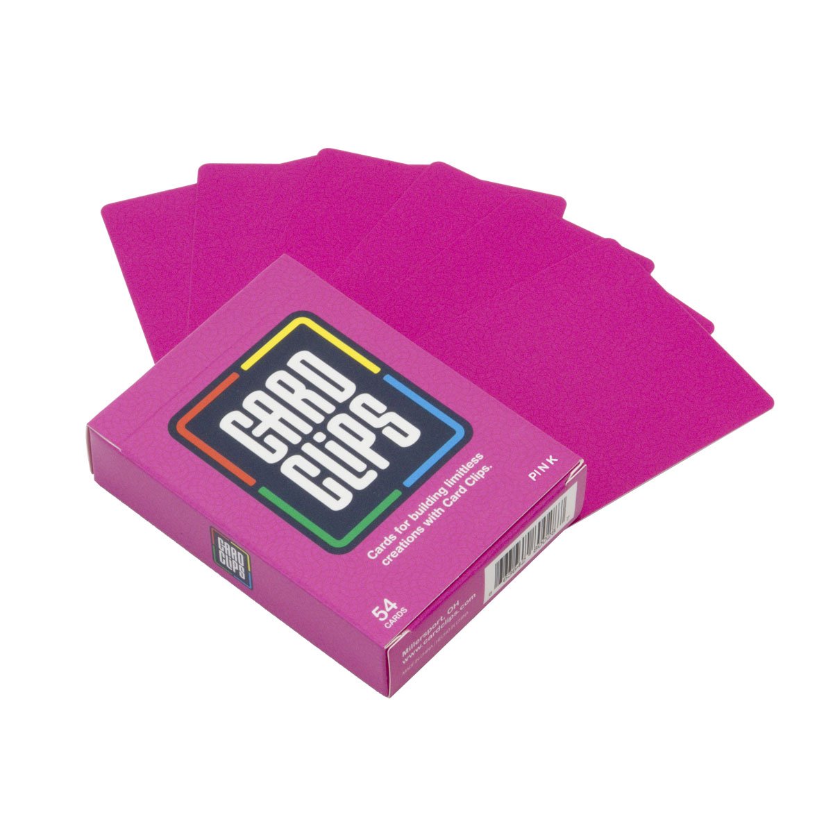 Pink Building Cards deck for Card Clips, a fan of magenta pink printed building cards beside the box for joining with connectors into towers and structures.