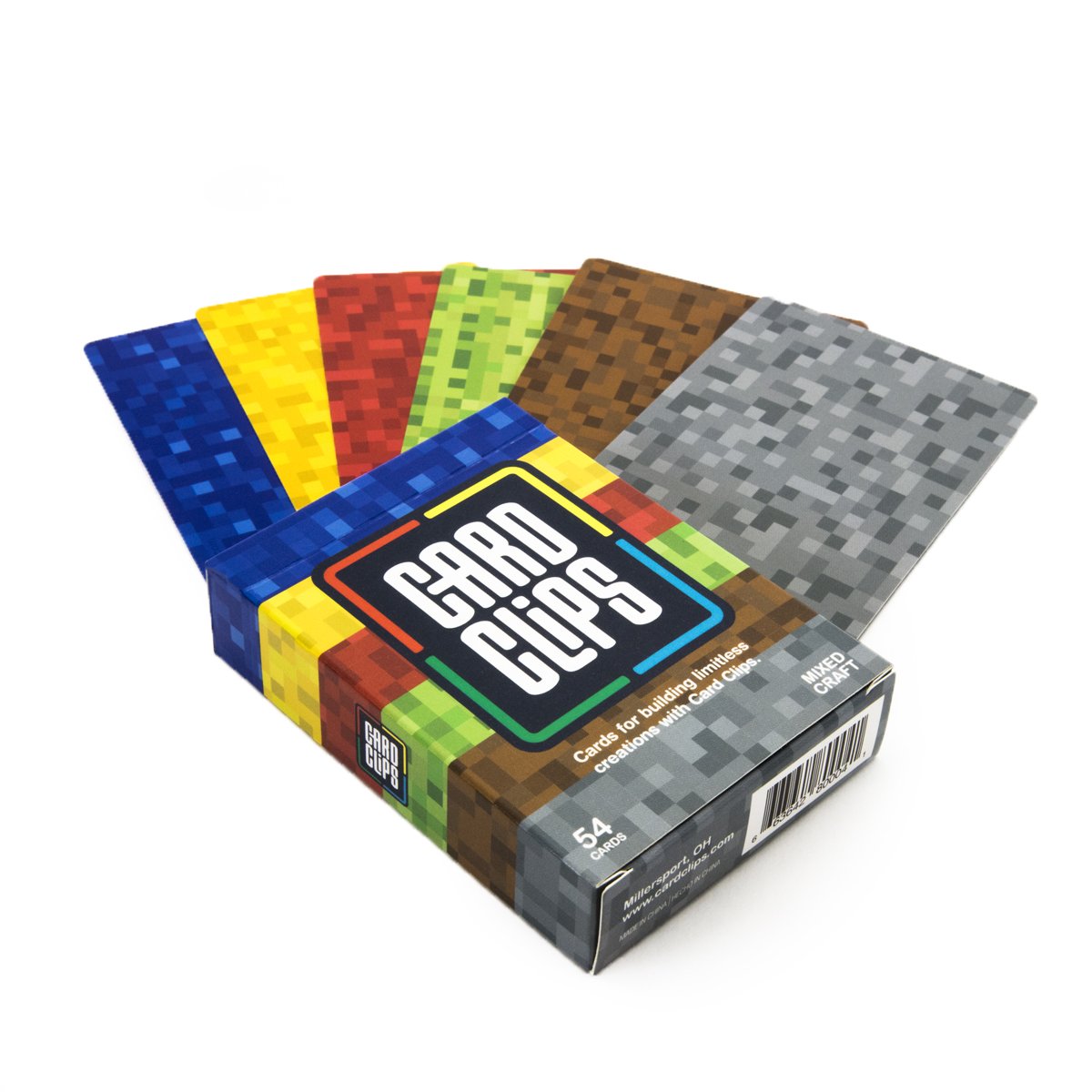 Pixel Bitcraft Building Cards from Atwood Toys, a fanned 54-card deck printed with pixel-style blue, yellow, red, green, brown, and gray block textures for building creations with Card Clips.
